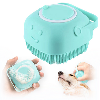 SZCZOTKA MYJKA DO MYCIA PSA KOTA SILIKONOWA GUMOWA Z DOZOWNIKIEM NA SZAMPON NIEBIESKA